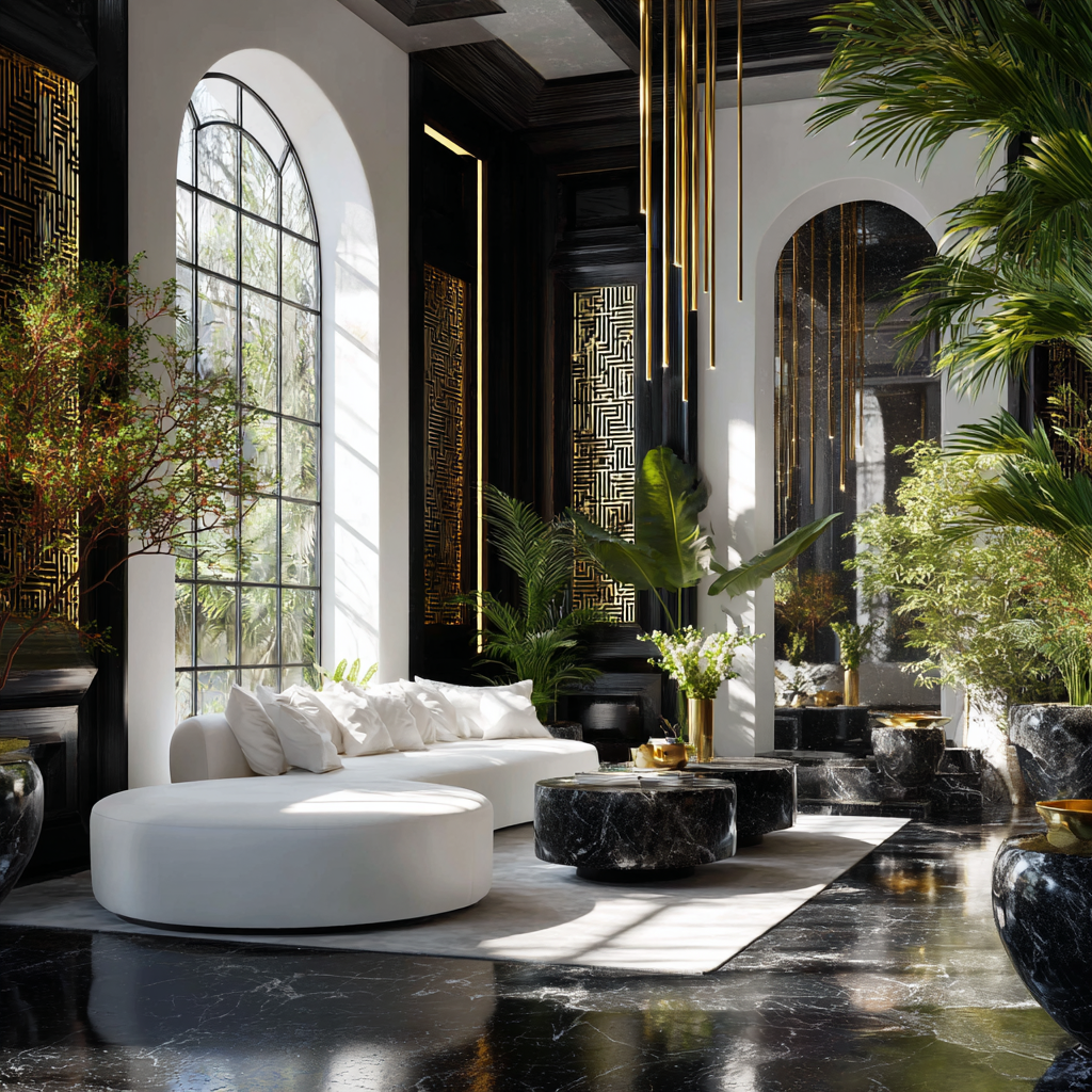 African minimalist Art Deco living room, extreme black and white contrast, white walls with bold black geometric paneling, polished obsidian black stone accents, single statement white curved sofa, black angular side tables, gold linear chandelier, large open space with intentional emptiness, African sacred symbols subtly embedded into design elements, high contrast sunlight casting sharp lines across the room, clean architectural precision, quiet luxury aesthetic, no clutter, strong visual hierarchy, spiritual clarity environment