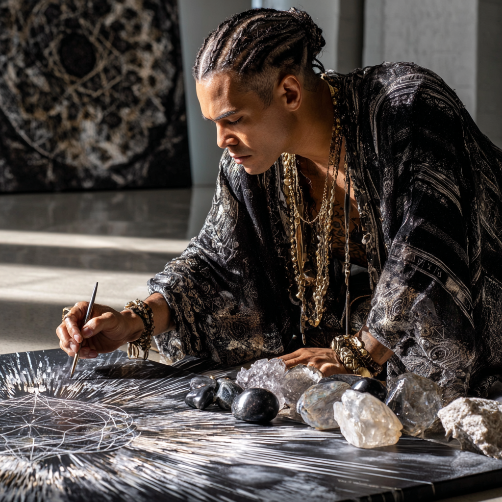African American artist in a high-contrast black and white studio, creating a large sacred geometry painting, Veil Chakra theme, obsidian stones and clear quartz crystals placed intentionally around the canvas, black ink and white pigment in motion, strong directional lighting casting sharp shadows, African-Egyptian geometric symbols emerging on canvas, minimal yet powerful space, matte black walls and bright white light beams, gold detailing subtly integrated, artist wearing modern boho monochrome attire, braided hair, focused expression,