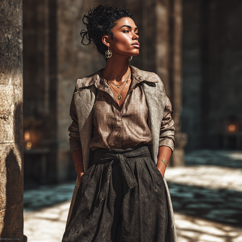 A confident African American woman representing The Covenant Midwife in modern urban form, standing in a refined African industrial or minimalist city environment. She wears modern boho streetwear made of natural fibers a tailored linen blouse or shirt in warm taupe or muted brown, paired with high-waisted wide-leg trousers in deep iron or obsidian tones, and a lightweight linen blazer or long jacket with subtle sacred geometric detailing. She accessorizes with medium gold hoop earrings, a Tiger’s Eye pendant, and a minimal statement ring. Her hair is natural (braids or locs), clean and simple. The environment features earth-toned architecture, stone, wood, and metal textures, with faint African sacred geometry patterns subtly integrated into the background or ground. Lighting is soft and cinematic with warm undertones grounded, not flashy. Mood: calm authority, modern grounded elegance, stillness within motion.