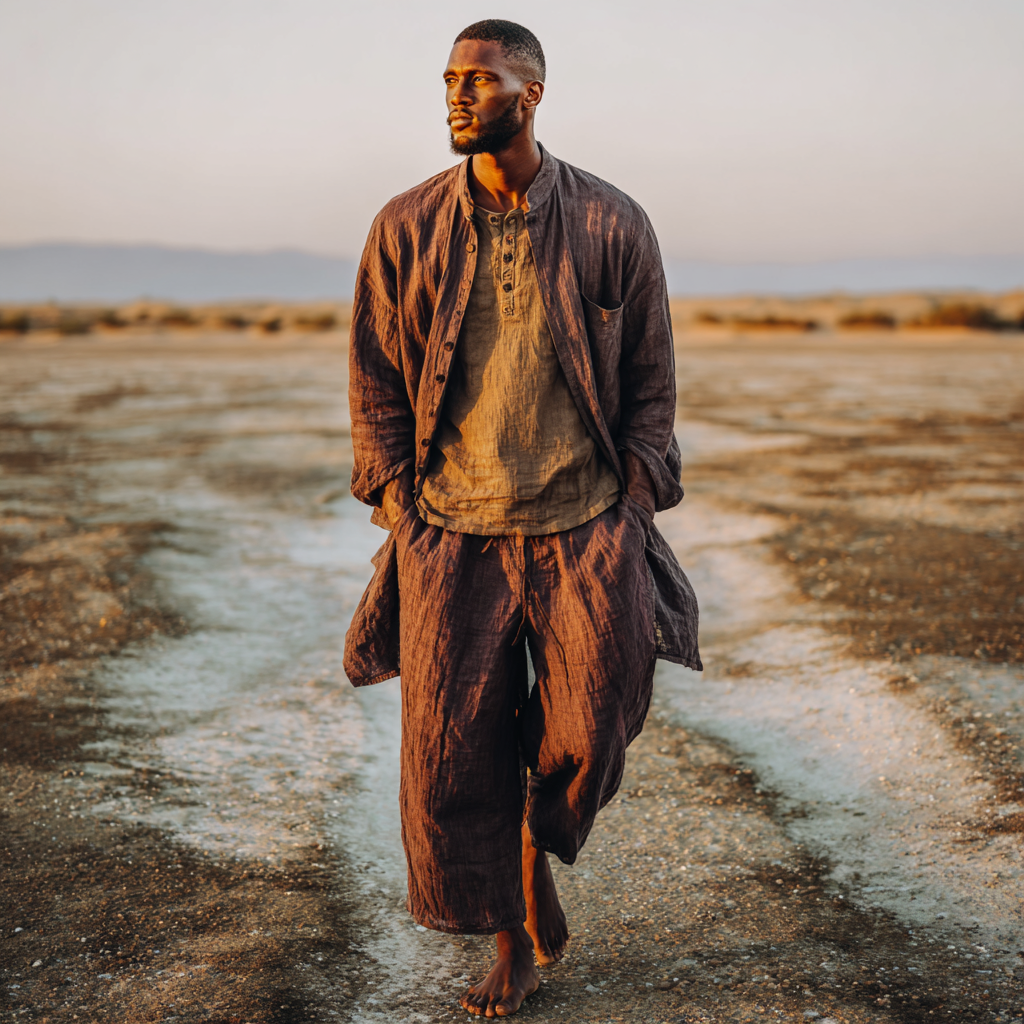 A grounded African American man standing barefoot on natural earth, looking calm and centered, embodying the Earth Star Chakra. He wears modern boho menswear made of natural fibers a linen shirt in clay brown, wide-leg linen pants in deep earth tones, and a lightweight open linen jacket. His style is minimal, refined, and intentional no logos, no excess. Beneath his feet, the ground subtly reveals African-Egyptian sacred geometry glowing faintly in amber and obsidian tones. The environment is quiet and expansive open land, warm light, soft dust particles in the air. His posture is still, not posing present, rooted, and aware of where he stands. Mood: grounded, contemplative, stable, masculine calm. Style: photorealistic, cinematic, earthy tones