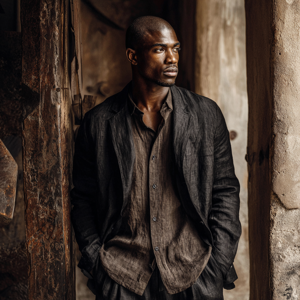 A confident African American man in modern boho streetwear standing in a refined African industrial-style interior or urban environment. He wears tailored linen trousers, a natural fiber shirt, and a structured linen jacket, all in deep earth tones (obsidian, iron, clay, warm brown). The environment includes wood, stone, and metal textures, with subtle African sacred geometry integrated into the architecture or decor. Lighting is warm and cinematic, with soft shadows and a grounded atmosphere. His posture is calm and steady not posing, but anchored in presence while moving through the world. Mood: modern, masculine, grounded authority, quiet confidence.