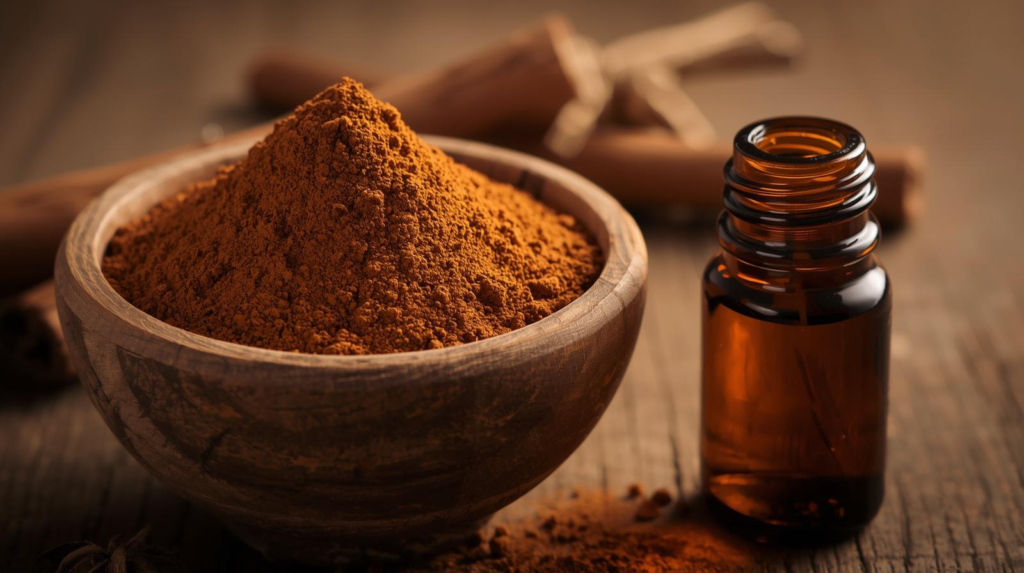 Bowl of powdered cinnamon, cinnamon sticks and cinnamon essestial oil