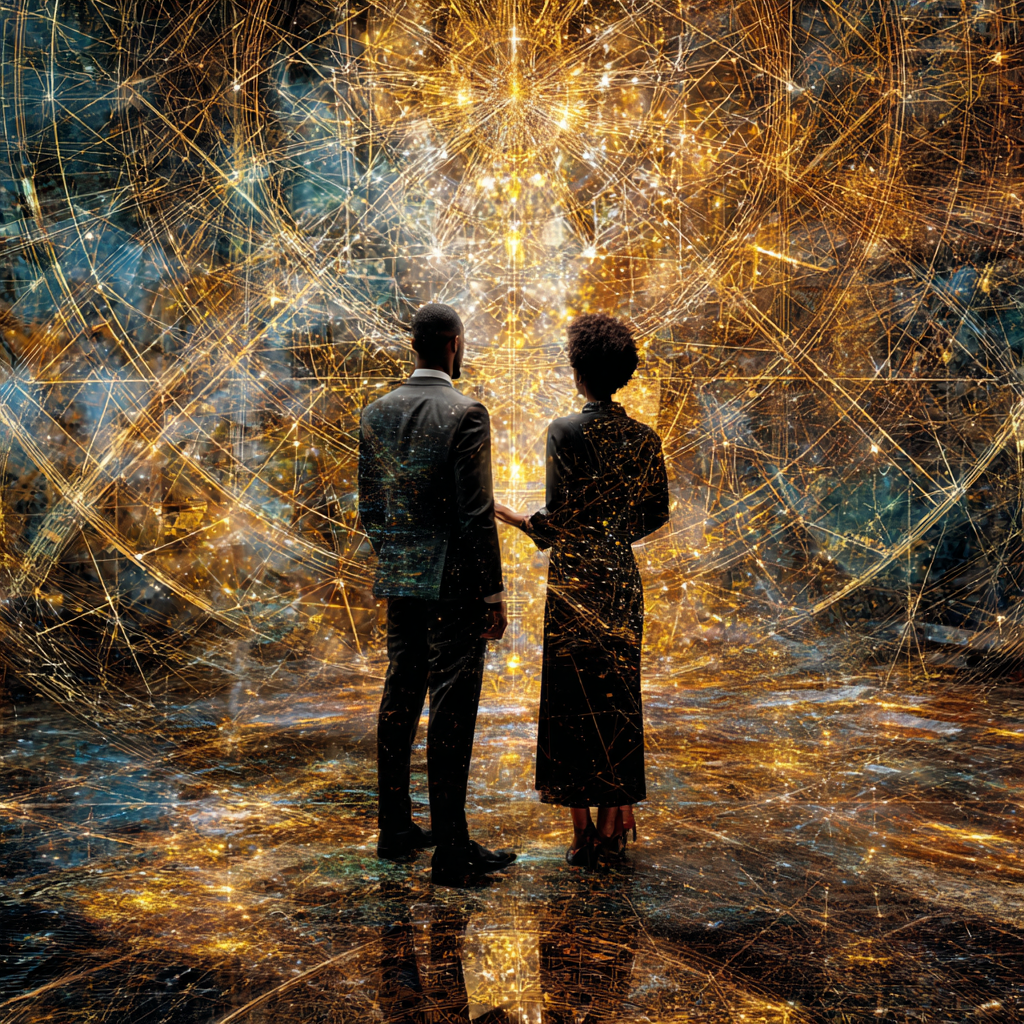 African American businessman and businesswoman standing inside a luminous, geometric structure representing a company’s energetic architecture, glowing lines of light forming interconnected pathways like circuits or sacred geometry around them, transparent layers showing data flow, communication lines, and energy streams moving through the structure, modern corporate attire blended with subtle gold accents, environment feels like a fusion of high-end office and metaphysical space, soft radiant light, deep blacks, gold, and electric blue tones, African-Egyptian sacred geometry patterns embedded in the architecture,