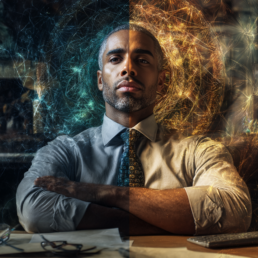 Split-scene composition showing two versions of the same African American business leader in a modern office, left side chaotic and dim with tangled energy lines, cluttered desk, muted colors, expression of stress and fatigue, right side radiant and organized with clean flowing energy lines, glowing sacred geometry patterns, clear desk, confident posture, golden and blue light tones, visual contrast between disorder and alignment, symbolic representation of energetic architecture affecting success