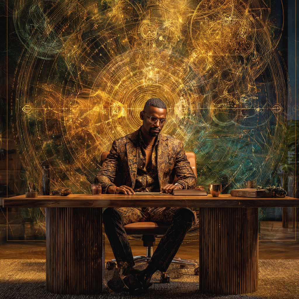 African American entrepreneur seated at a sleek desk, but behind them is a massive glowing blueprint made of sacred geometry and flowing energy lines representing leadership, finance, creativity, and communication, each section of the blueprint subtly color-coded like chakra centers, energy flowing upward in harmony, modern minimalist office with African luxury design elements (wood, bronze, textured fabrics), calm but powerful expression, warm golden light illuminating the structure, symbolic overlays of interconnected circles and grids, high detail, depth of field, soft glow, editorial luxury business aesthetic