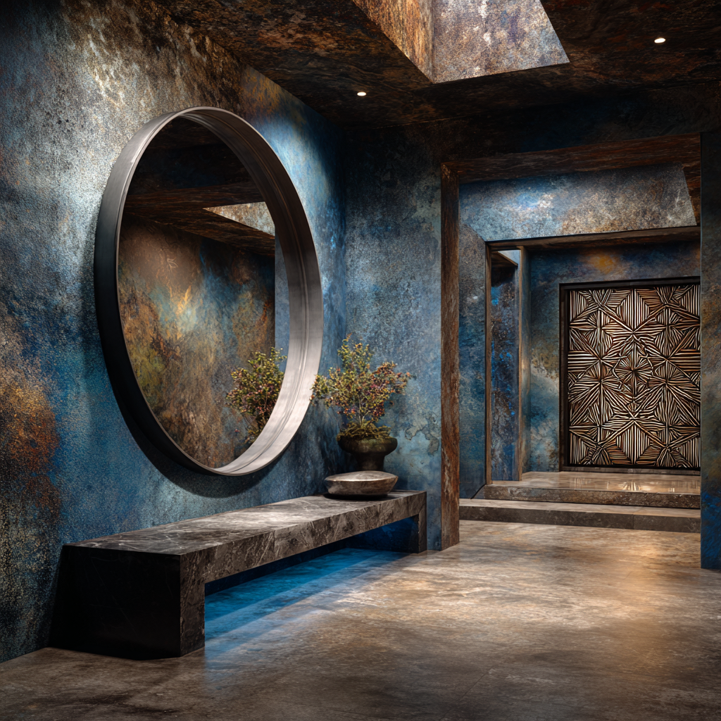 African Neo-Industrial luxury entryway, celestial blue walls with soft gradient sky tones, polished concrete flooring, matte black steel framing, brushed silver accents, large circular mirror with thin metallic frame reflecting luminous sky lighting, African geometric wall carvings in dark wood and silver inlays, minimalist bench with structured silhouette, soft ambient glow mimicking early morning sky, subtle blue LED underlighting, clean lines, high ceiling, airy and expansive, symbolic threshold space, African sacred geometry