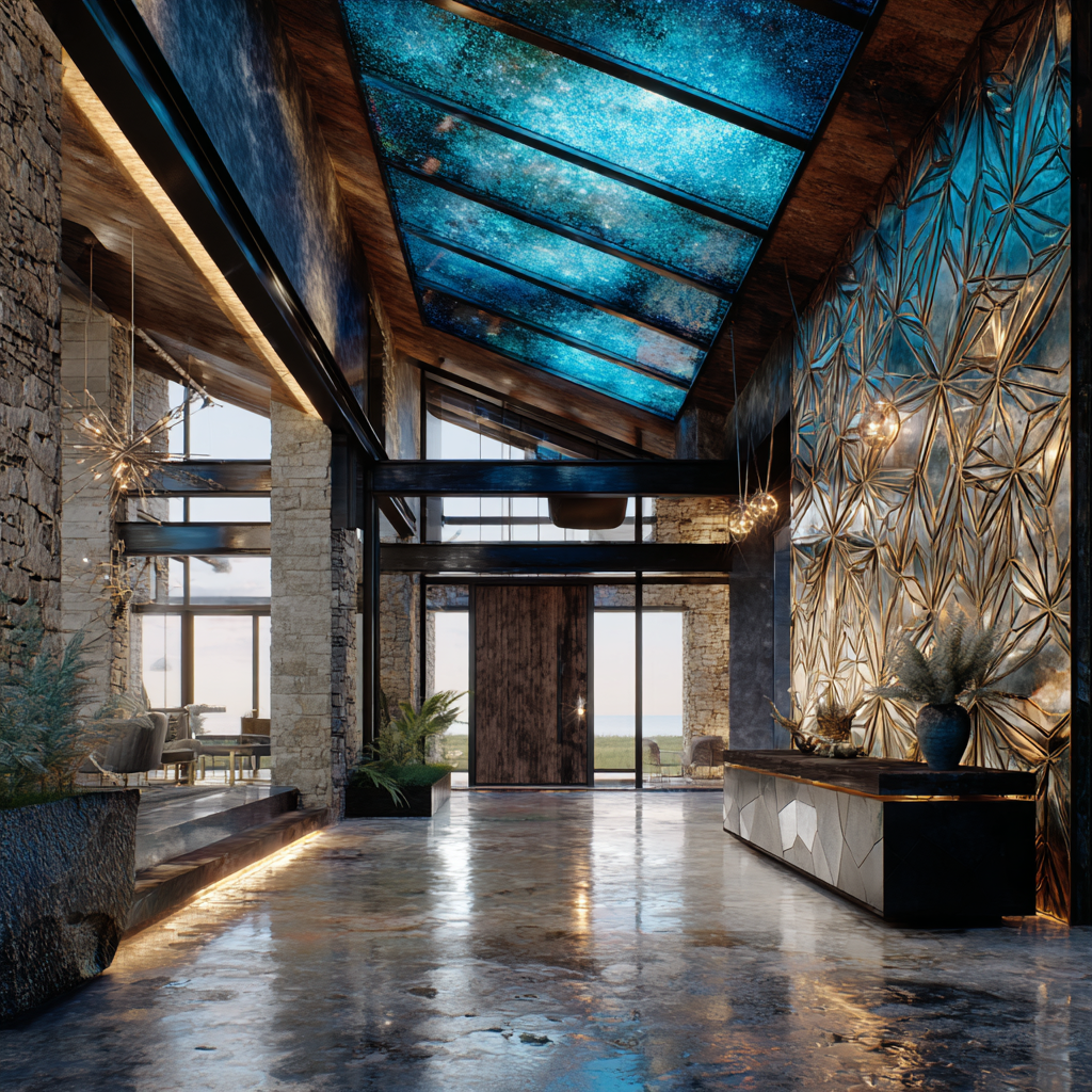 African Neo-Industrial entryway with luminous sky ceiling effect, gradient lighting from soft blue to pale silver, exposed beams in matte black steel, concrete and stone textures balanced with smooth metallic finishes, floating console table in silver and dark wood, African sacred geometry wall installation glowing subtly, glass elements reflecting light throughout space, open airy composition, serene and elevated energy, no clutter, intentional minimalist luxury, symbolic portal of expression and alignment