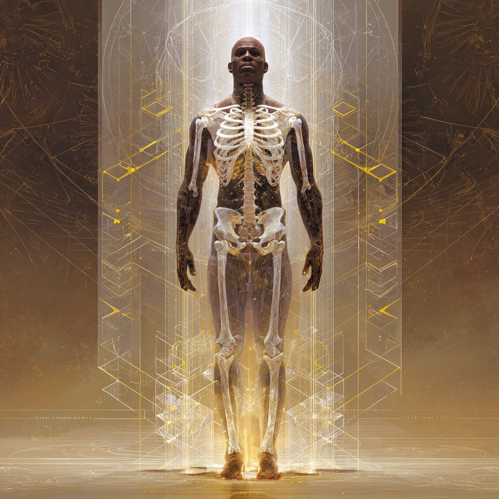 An African-Egyptian sacred geometry scene illustrating Biology and the Cube: Structure Within the Body, featuring a semi-transparent African American figure standing upright in calm stillness. The body is partially revealed as a luminous anatomical structure--bones softly glowing in warm ivory and gold, showing the skeletal system as a refined architectural framework. Within the body, subtle cubic geometry is embedded into the bone structure--faint, glowing cubes and grid patterns aligned with the skeleton, illustrating mineral crystallization and structural precision. At the microscopic level, layers of translucent detail reveal salt crystals forming perfect cubic lattices, interwoven with geometric mineral grids that extend through the body. The lower half of the figure connects into deep Earth Star tones--obsidian black, rich soil brown, and muted gold--symbolizing grounding and gravity. Subtle African fractal patterns and Egyptian geometric motifs are integrated into the skeletal lines, blending biology with sacred architecture. Soft beams of light descend from above while a grounded glow rises from below, meeting within the body to emphasize the balance of pressure, weight, and time. The figure stands effortlessly supported, embodying strength without strain. The atmosphere is clean, precise, and reverent--scientific yet sacred. Composition is centered and symmetrical, highlighting the body as living architecture. Ultra-detailed, 8k resolution, cinematic lighting, shallow depth of field,