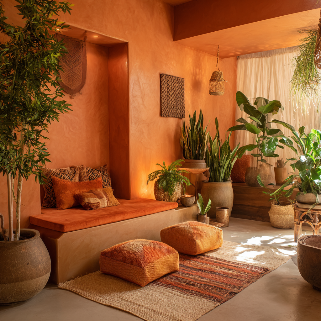 African-inspired indoor garden sanctuary, soft coral walls with warm amber lighting, curated plant arrangement with breathing space (snake plants, rubber tree, ferns), smooth clay planters and woven baskets, meditation corner with floor cushions in coral and warm orange tones, sheer fabric draping, subtle African sacred geometry decor, filtered natural light, calm and sensual atmosphere, grounded yet expressive, high-end minimalist biophilic