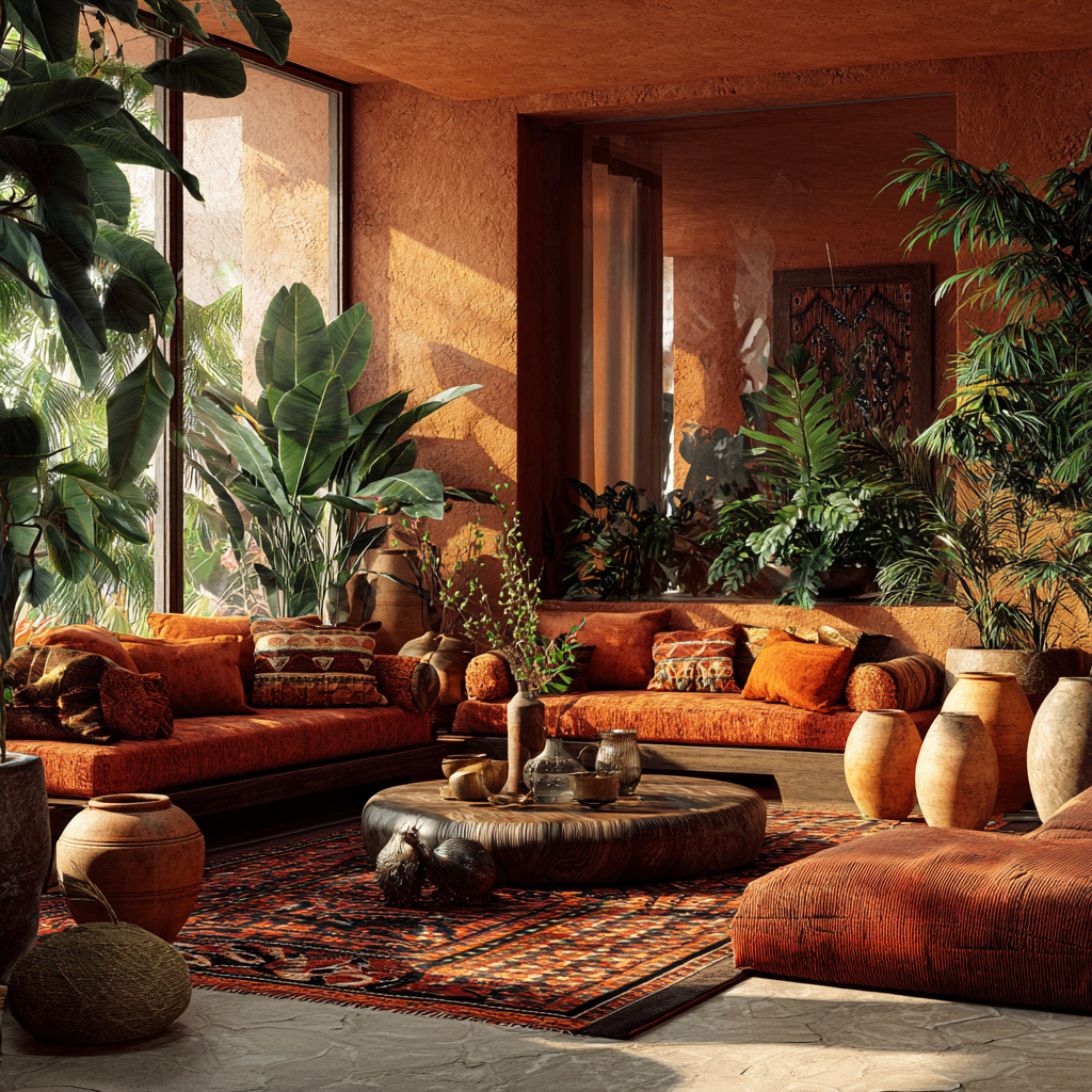 African biophilic indoor garden living room, deep orange and coral color palette, warm amber ambient lighting, lush dense tropical plants layered at multiple heights (banana leaves, monstera, palms), terracotta pots and raw clay vessels, low-profile boho seating with coral and burnt orange textiles, African woven rugs and symbolic patterns, natural wood furniture with organic curves, golden hour sunlight filtering through leaves, soft shadows, luxurious earthy atmosphere, African-American inspired design, cinematic depth, ultra-realistic
