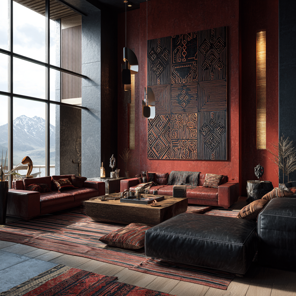 Deep Red • Iron • Earth Brown chromotherapy African Alpine Chic livingroom