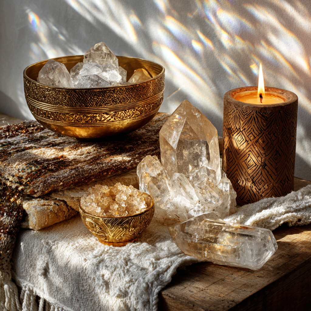 Close-up of an African Bohemian meditation altar in diamond white and gold tones, white textured cloth draped over a low wooden table, clear quartz, selenite, and diamond-like crystals arranged in geometric symmetry, gold bowl and incense holder, burning white candle with soft golden flame, African-inspired sacred geometry symbols carved into wood, light beams hitting crystals and refracting into clear light patterns, minimal yet powerful composition, soft shadows, spiritual clarity