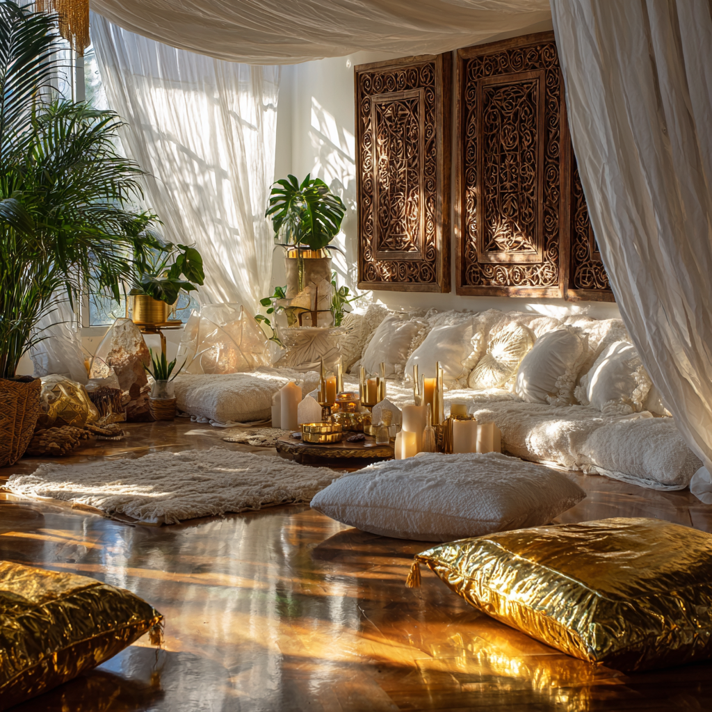 African Bohemian meditation room designed for Covenant Chakra alignment, diamond white and luminous clear light filling the space, soft white linen drapes flowing from ceiling to floor, sheer curtains glowing with natural sunlight, polished light floors reflecting brightness, gold-accented low seating with plush white cushions, clear quartz clusters and selenite towers arranged around a central meditation mat, African sacred geometry carved wood panels on the wall, minimal decor with intentional placement, indoor plants with soft green tones for grounding, warm radiant gold candle holders, prisms casting rainbow light reflections, serene, high-frequency atmosphere