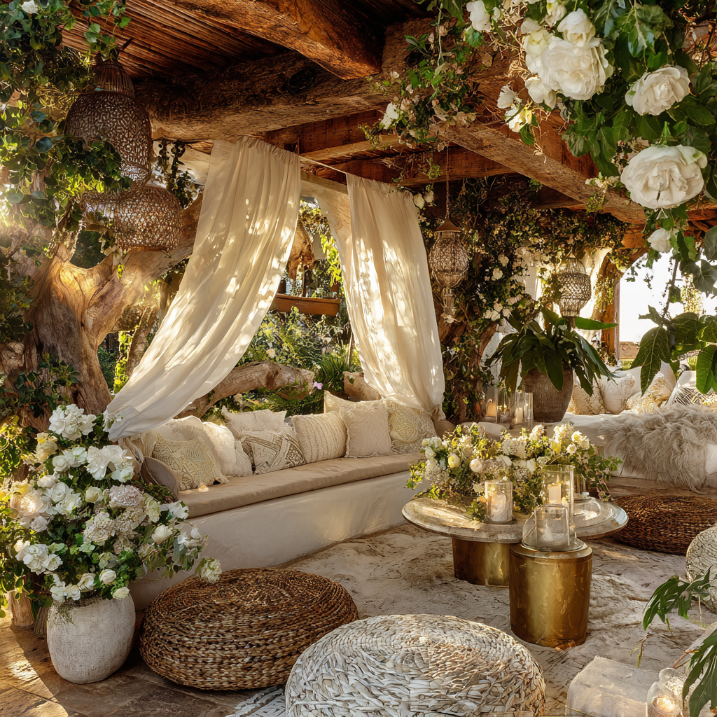 Elegant African farmhouse veranda transformed into a lush garden retreat, whitewashed wooden beams, sheer diamond white drapes, layered textiles in cream and soft ivory, opalescent ceramic decor with iridescent sheen, brushed soft gold side tables, abundant flowering plants in clay pots (white roses, soft blush florals), trailing vines and hanging baskets, low woven lounge seating, diffused sunset lighting creating glowing highlights, tranquil sacred outdoor living space, biophilic design,