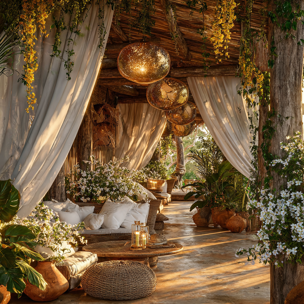 African farmhouse covered patio bathed in soft morning light, diamond white linen curtains flowing gently, opalescent glass lanterns casting subtle rainbow reflections, soft gold accents in aged metal trays and light fixtures, woven rattan seating with plush white cushions, terracotta pots filled with white jasmine and pale yellow flowers, hanging greenery cascading from wooden beams, natural clay flooring, airy sacred atmosphere, African-Scandinavian fusion, minimalist yet warm