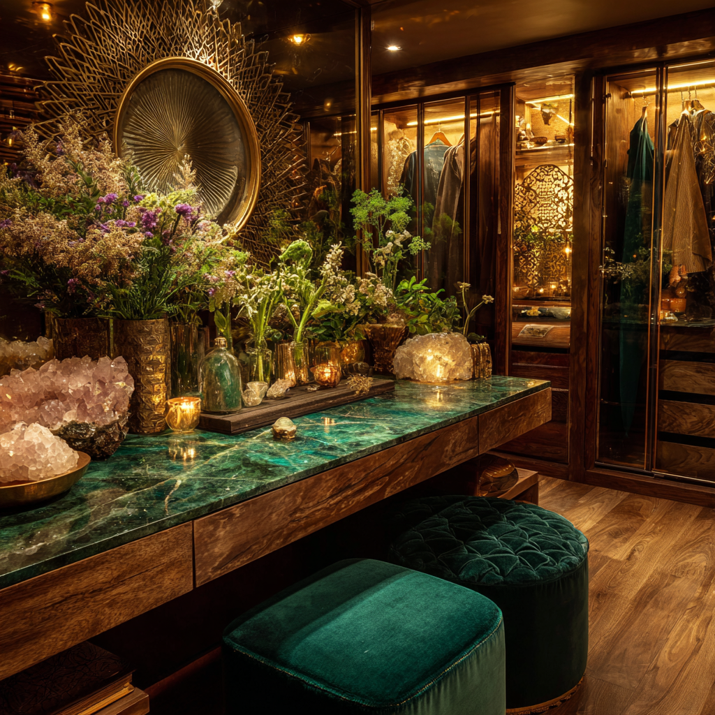 luxury African-inspired Midcentury Modern dressing room designed as a ritual sanctuary, emerald green and gold palette with soft rose ambient lighting, dressing table styled as ceremonial altar with crystals (rose quartz, jade, clear quartz), essential oils, delicate flowers, gold mirror reflecting warm glow, velvet seating for stillness and reflection, glass closet doors revealing curated wardrobe as expression of identity, natural wood tones and African sacred geometry patterns grounding the space, peaceful, intentional, spiritually elevated environment,