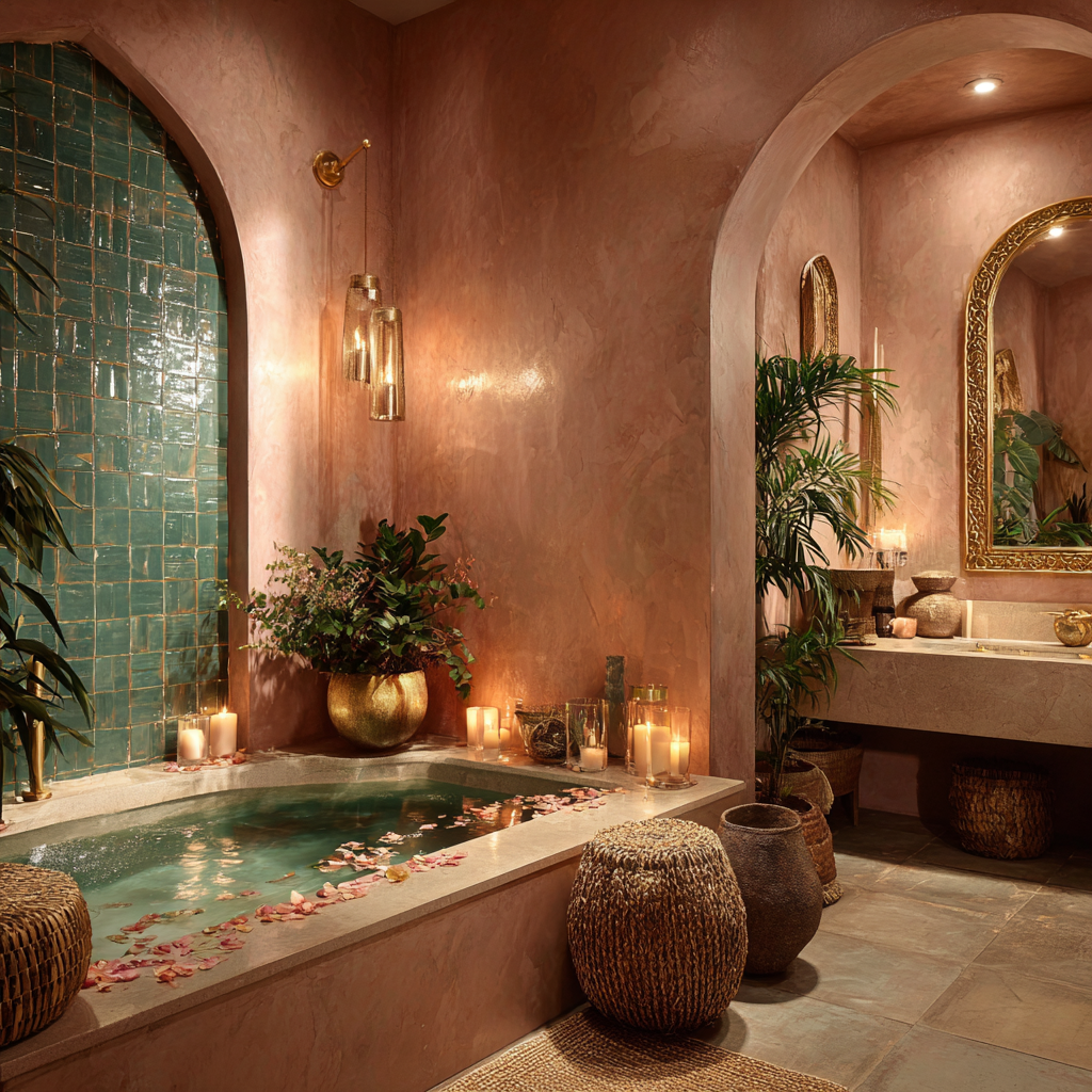 African Transitional spa bathroom with soft rose plaster walls, emerald green tile feature wall behind a deep soaking tub, delicate gold accents throughout (mirror frame, faucet, lighting), rose petals scattered around the bath, candles glowing in warm golden tones, African ceramic vessels and handcrafted decor, textured woven baskets, diffused ambient lighting creating a gentle, nurturing atmosphere, spa-like stillness, feminine healing energy, luxurious yet grounded design