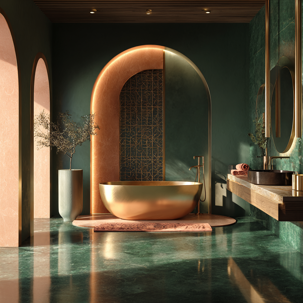 African Transitional luxury bathroom spa with emerald green stone flooring, soft rose accents in towels and decor, statement brushed gold freestanding tub and fixtures, large arched mirror with gold trim, warm ambient lighting reflecting off metallic surfaces, African-inspired geometric patterns subtly embedded in tilework, minimalist yet rich composition, natural wood elements and sculptural decor, elevated sacred space feeling, balanced modern and traditional African design