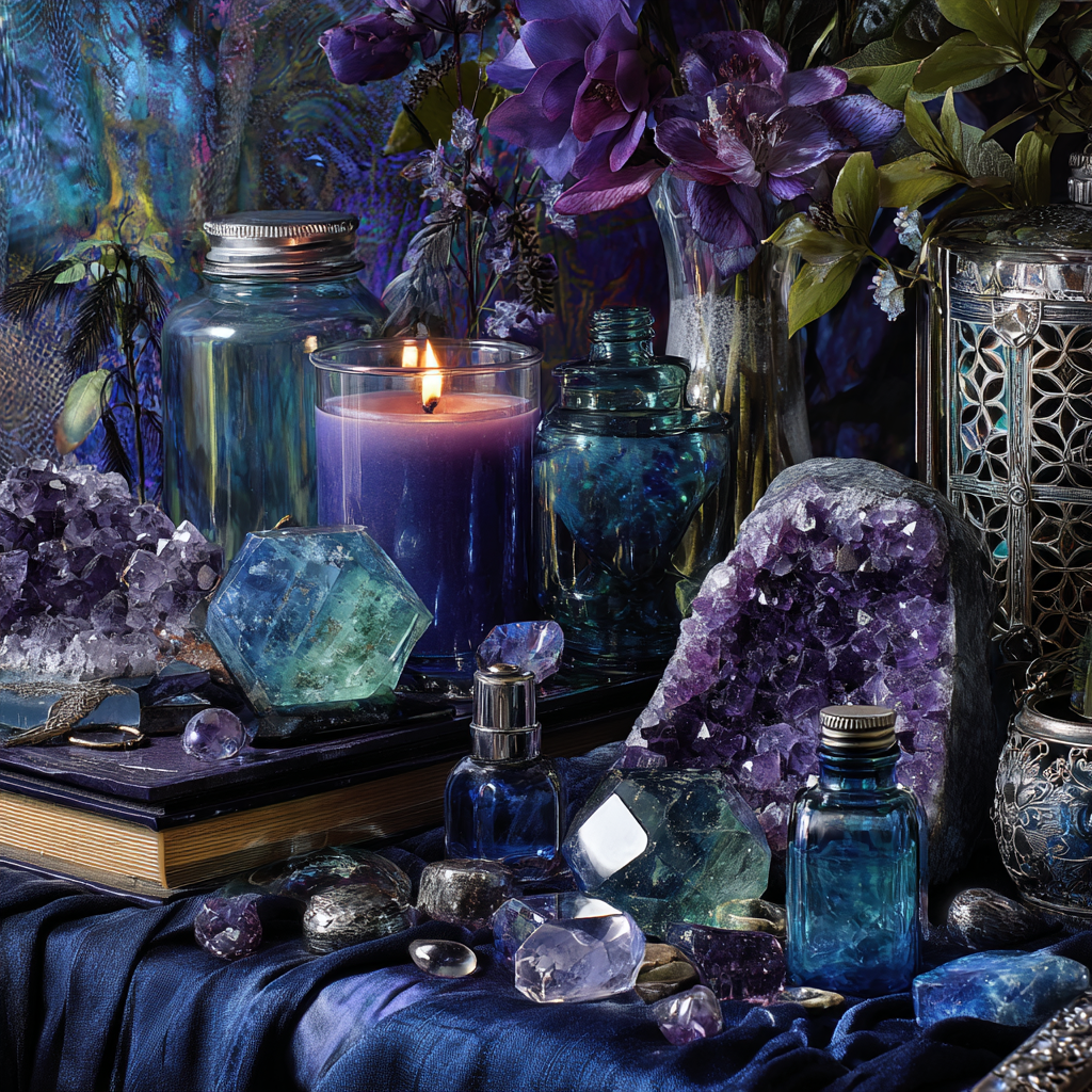 luxury sacred ritual table styled in deep indigo, violet, and cool blue tones, polished fluorite crystals (green, purple, rainbow variations) arranged in geometric patterns, alongside amethyst, clear quartz, and silver ritual tools, indigo silk cloth, soft candlelight reflecting off crystal surfaces, essential oils in dark glass bottles, subtle African sacred geometry etched into the background, 