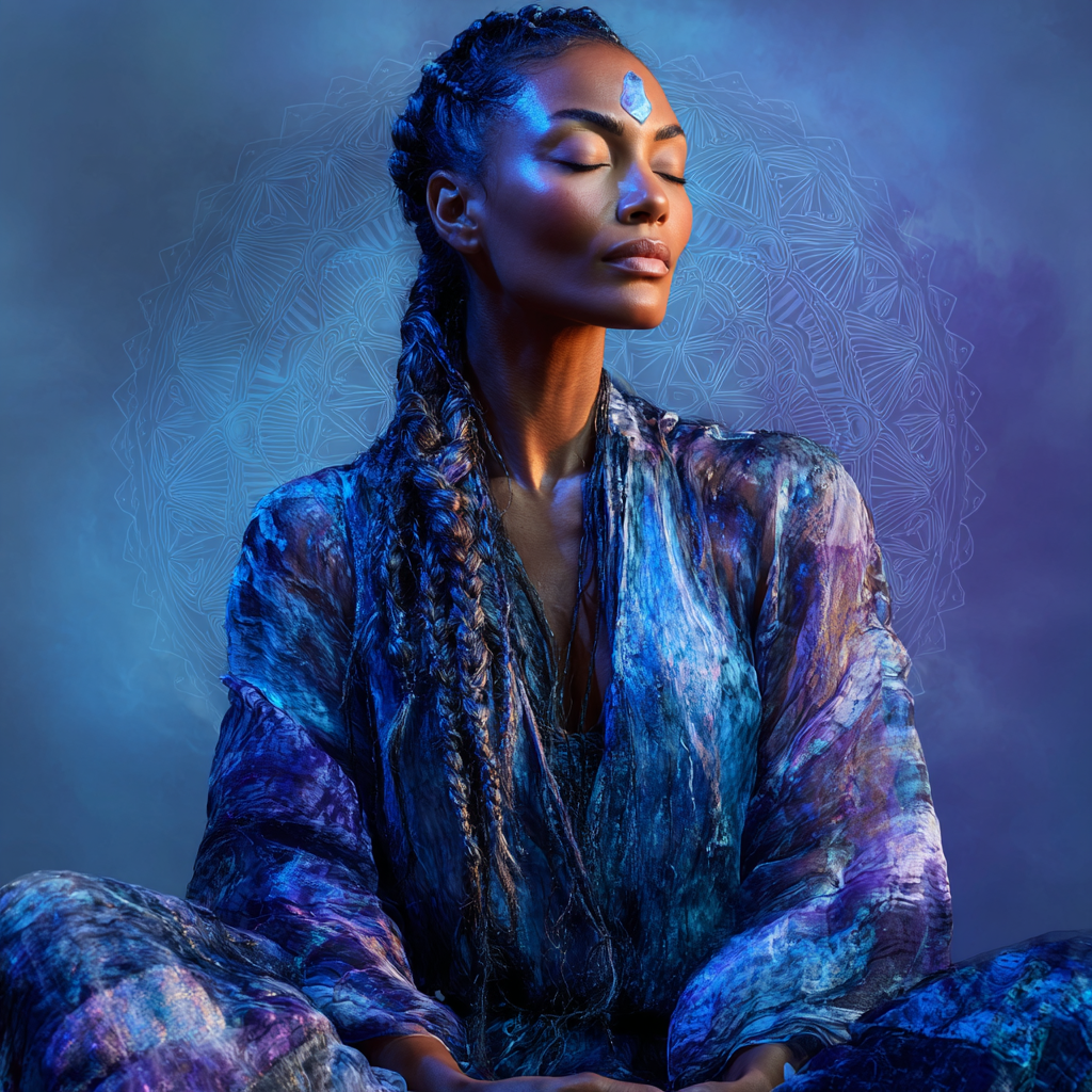African American woman with long, intricate braids, seated in deep meditation, wearing minimalist indigo and deep sapphire flowing garments (Third Eye Chakra aesthetic), a soft glowing fluorite crystal placed at her forehead, eyes gently closed, expression serene and focused, surrounded by subtle African-Egyptian sacred geometry patterns in luminous violet-blue light, clean minimalist environment with soft shadows, faint aura radiating from the third eye,