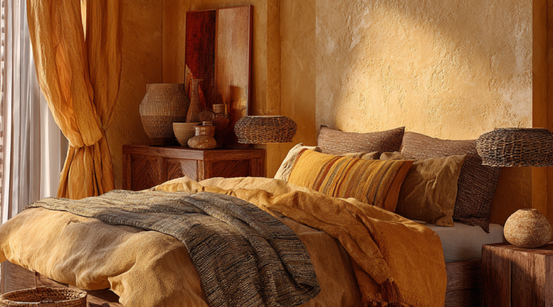 Golden Amber · Steady Bronze · Quiet Solar Warmth — African Rustic Bedroom