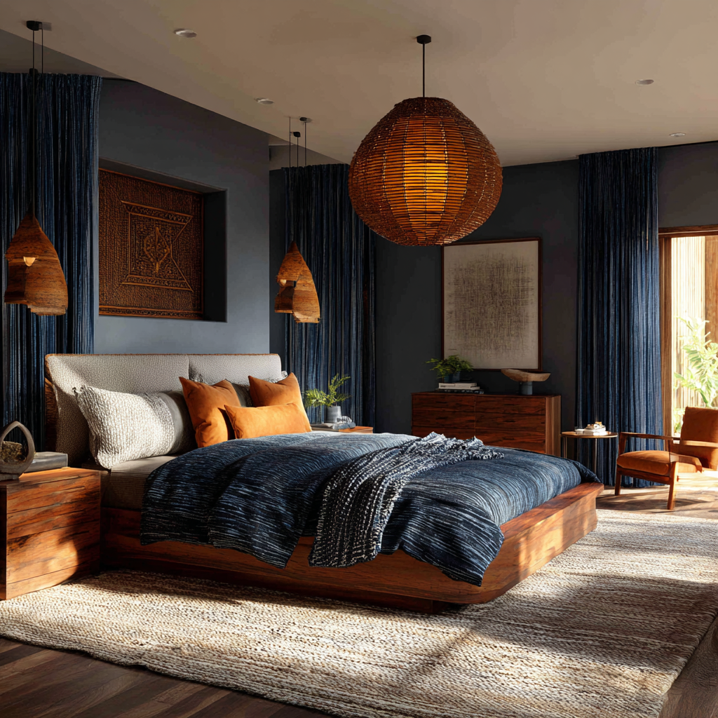 luxury African-inspired midcentury bedroom with strong Sentinel Chakra presence, deep indigo and midnight blue layered textiles (curtains, throw blankets, accent pillows) creating a protective energetic field, warm amber pendant lighting casting a soft golden glow across the room, bronze sculptural decor and lamp bases adding grounded authority, walnut wood furniture with sleek midcentury lines, open uncluttered layout emphasizing energetic clarity, symbolic African sacred geometry subtly embedded in decor, serene, introspective, protected atmosphere, balance of warmth and depth
