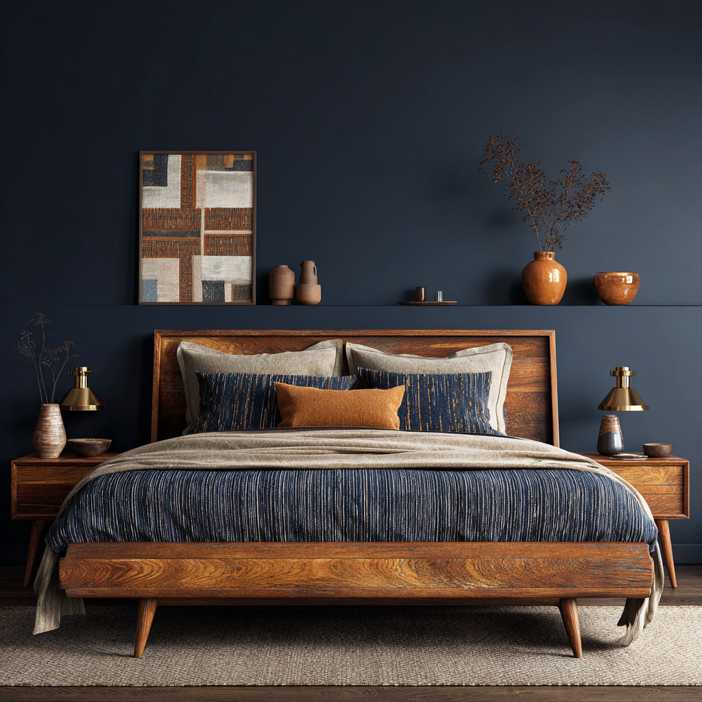 African Midcentury Modern bedroom, low-profile teak wood bed with clean architectural lines, warm golden amber ambient lighting glowing from sculptural bedside lamps, rich bronze accents in hardware and decor, deep protective navy-blue accent wall behind the headboard symbolizing energetic boundary and Sentinel filtration, minimalist layout with intentional spacing, African geometric textile patterns in indigo and earth tones, soft linen bedding in warm neutral shades, subtle sacred African-Egyptian geometry integrated into wall art, calm luxurious atmosphere, grounded yet radiant energy, cinematic lighting