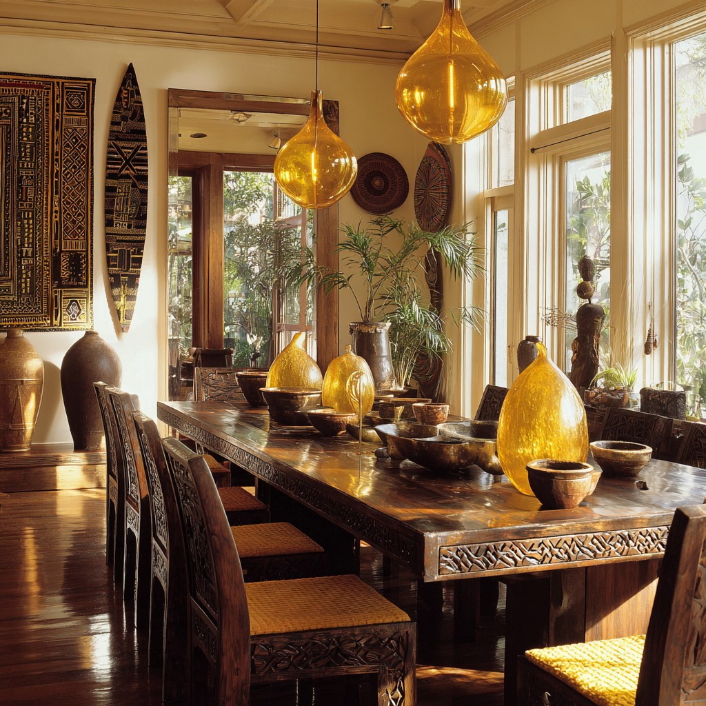 African traditional dining room, deep carved mahogany table with intricate tribal detailing, high-back wooden chairs with woven golden-yellow textiles, radiant gold sunlight pouring through large windows, amber glass pendant lighting casting warm glow, brass bowls and gold-accented tableware, handwoven African wall hangings in golden yellow and earth tones, clay pottery centerpiece, polished wooden floors reflecting light, atmosphere of grounded luxury and quiet authority, African-Egyptian sacred geometry subtly integrated in decor, ultra-realistic, cinematic lighting