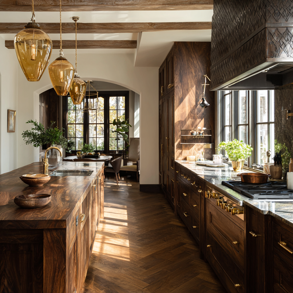 African Southern Traditional kitchen, African American home, rich walnut wood cabinetry, wide plank floors, golden yellow sunlight streaming through large farmhouse windows, warm amber glass pendant lights, soft gold hardware and fixtures, brass cookware hanging above a central island, cast iron skillet on stove, clay and earthenware dishes, subtle African sacred geometry carved into wood panels, warm neutral and earth tone palette, grounded and elegant, biophilic touches with small indoor herbs, soft glowing light, cinematic warmth, ultra-realistic, luxury rustic aesthetic