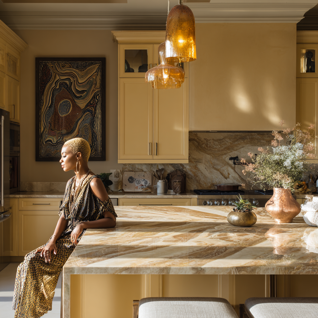 Lux African Southern Traditional kitchen, African American woman presence implied through styling, golden yellow and soft gold color palette, marble countertops with warm undertones, brass and copper accents, amber pendant lighting, structured kitchen island with symmetry and authority, clean layout, high-end appliances integrated seamlessly, sunlight illuminating soft gold finishes, decorative African textiles subtly incorporated, elegant and powerful atmosphere, warm glow, minimal clutter
