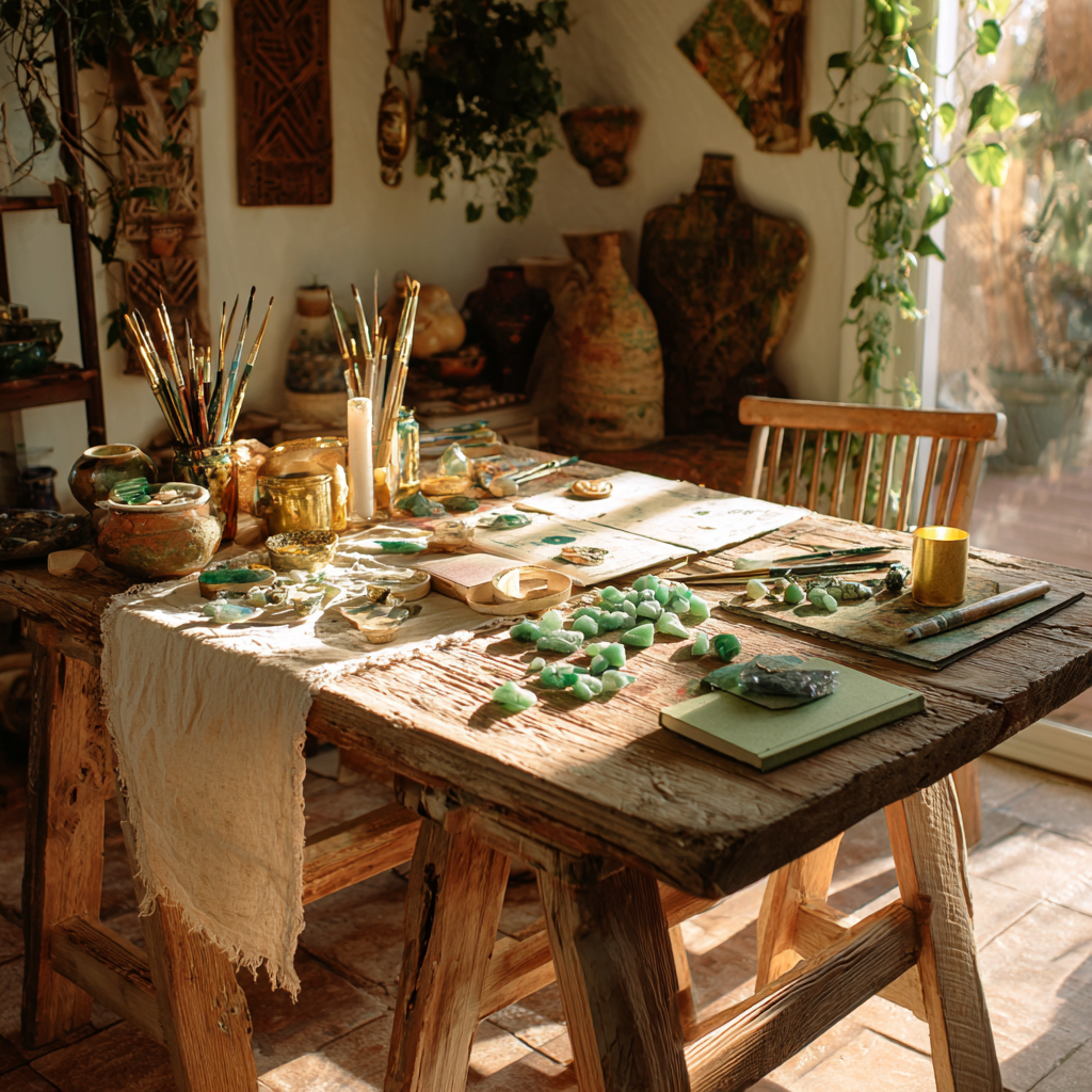 African-inspired artist studio filled with natural light, rustic wooden worktable covered with Heart Chakra stones (rose quartz, green aventurine, emerald, malachite), softly arranged in an intentional, sacred layout, surrounding art tools (paintbrushes, sketchbooks, clay pieces), emerald green and soft rose color palette woven throughout the space, gentle gold accents in candle holders and small decor, textured linen cloth draped over the table, sunlight casting warm golden glow across crystals, African pottery and carved wood sculptures in the background, plants and vines adding a biophilic touch, creative and spiritual atmosphere, calm, inspiring, healing workspace