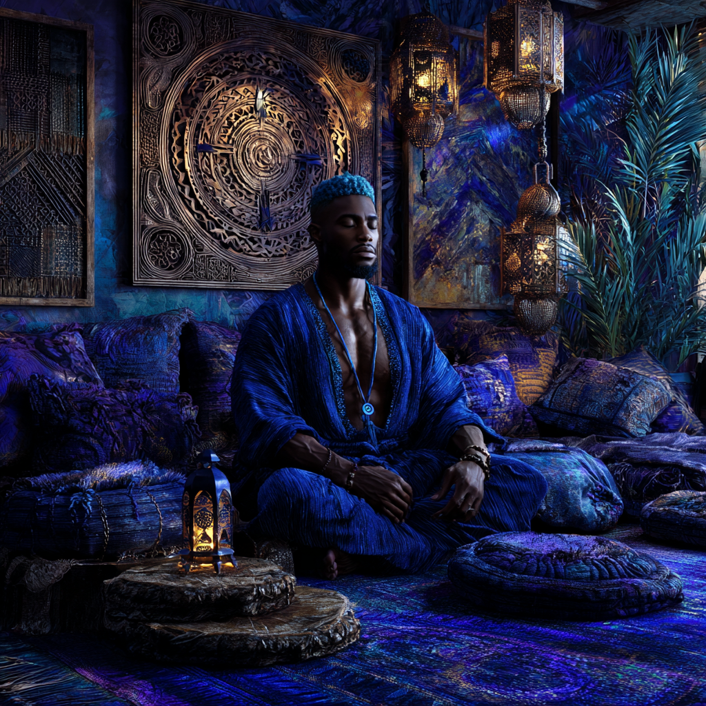 luxurious African eclectic Third Eye meditation room, rich indigo, violet-blue, and deep sapphire layered textiles, carved wooden panels with African sacred geometry and celestial motifs, velvet floor seating and low carved stools, glowing sapphire crystal grid embedded in floor, walls adorned with symbolic art representing vision and intuition, hanging lanterns casting soft blue-violet light patterns, mix of traditional African textures and modern minimalism, deep atmospheric shadows with luminous highlights, African American man in modern boho minimalist clothing (deep blue tones), seated in focused meditation, eyes gently closed