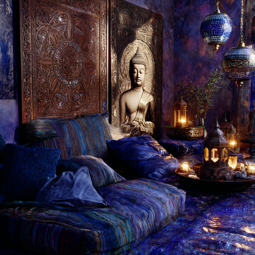 luxurious African eclectic Third Eye meditation room, rich indigo, violet-blue, and deep sapphire layered textiles, carved wooden panels with African sacred geometry and celestial motifs, velvet floor seating and low carved stools, glowing sapphire crystal grid embedded in floor, walls adorned with symbolic art representing vision and intuition, hanging lanterns casting soft blue-violet light patterns, mix of traditional African textures and modern minimalism, deep atmospheric shadows with luminous highlights