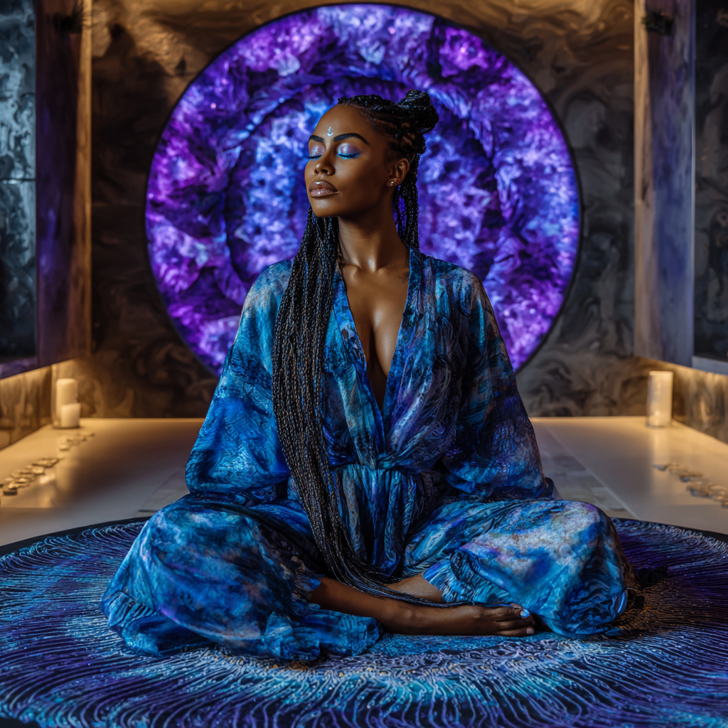 African eclectic meditation room with high-frequency chromotherapy lighting, indigo, violet-blue, and deep sapphire tones illuminated through hidden LED light channels, sleek minimalist architecture with organic African textures, central circular meditation rug with sacred geometry pattern, crystal altar featuring amethyst, fluorite, and lapis lazuli, reflective dark surfaces enhancing depth perception, subtle mirror elements symbolizing inner vision, open airy layout with intentional negative space, African American woman with long braided hair wearing flowing indigo-violet garments, seated in stillness, glowing third eye center, serene yet powerful atmosphere, ultra-modern meets ancestral African design