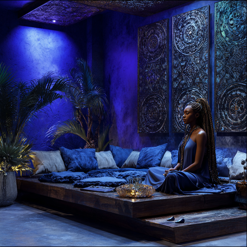 African eclectic meditation room designed for Third Eye Chakra activation, indigo, violet-blue, and deep sapphire chromotherapy palette, soft gradient lighting transitioning from deep sapphire floor to violet-blue walls and indigo ceiling, low-profile meditation platform with dark wood and linen cushions, African-Egyptian sacred geometry wall carvings (Eye of Horus, fractal patterns), polished obsidian and lapis lazuli crystal arrangement on altar, sheer flowing indigo drapery, subtle incense smoke in air, minimalist but deeply symbolic layout, clean lines with intentional decor, dim ambient lighting with a soft glowing third-eye focal point, African American woman with long braids seated in meditation, wearing indigo minimalist attire, calm, intuitive expression