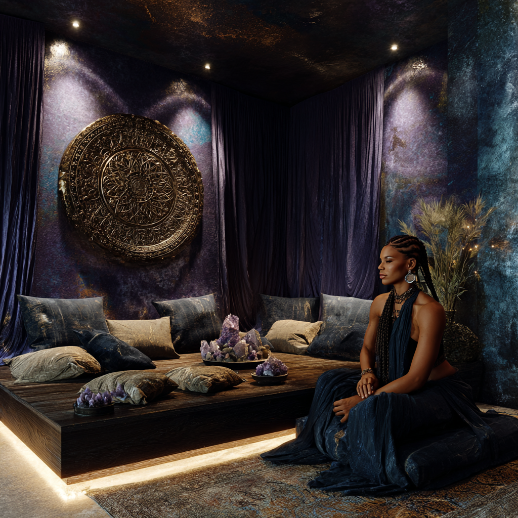 African eclectic meditation room designed for Third Eye Chakra activation, indigo, violet-blue, and deep sapphire chromotherapy palette, soft gradient lighting transitioning from deep sapphire floor to violet-blue walls and indigo ceiling, low-profile meditation platform with dark wood and linen cushions, African-Egyptian sacred geometry wall carvings (Eye of Horus, fractal patterns), polished obsidian and lapis lazuli crystal arrangement on altar, sheer flowing indigo drapery, subtle incense smoke in air, minimalist but deeply symbolic layout, clean lines with intentional decor, dim ambient lighting with a soft glowing third-eye focal point, African American woman with long braids seated in meditation, wearing indigo minimalist attire, calm, intuitive expression