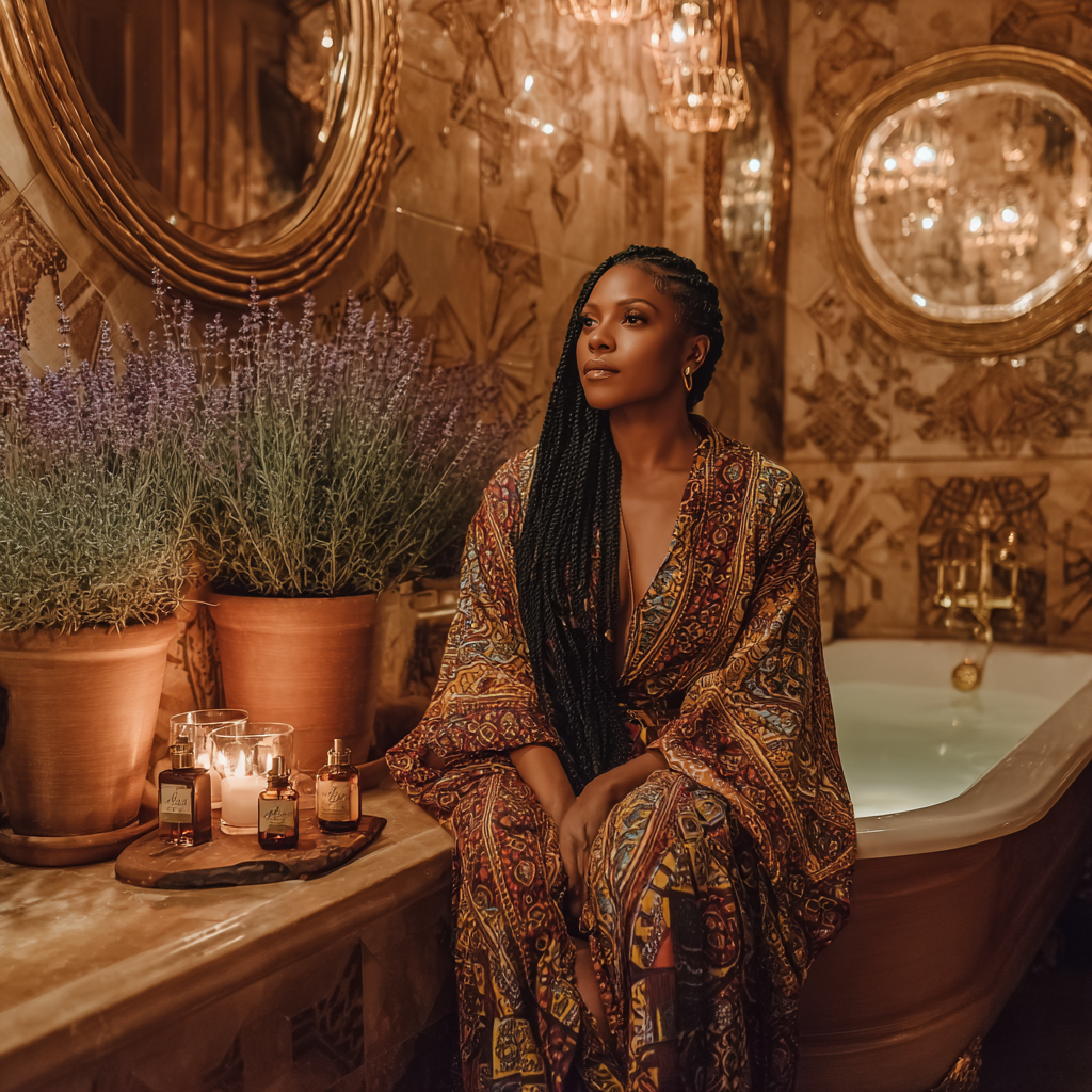 Lavender, Frankincense & Myrrh in African Lux Bathroom