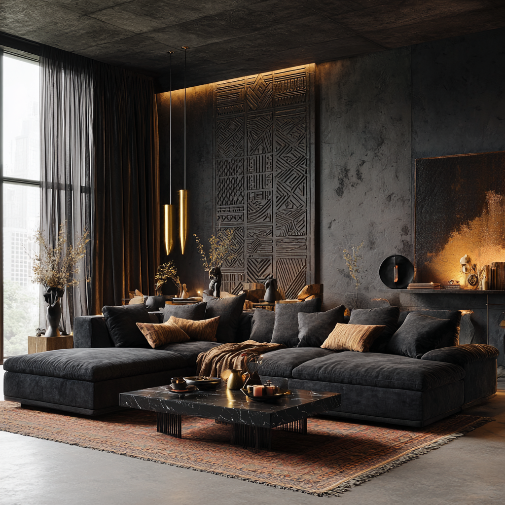 A luxurious African American living room designed in obsidian, deep earth black, and iron tones, grounded in African-Egyptian sacred geometry.