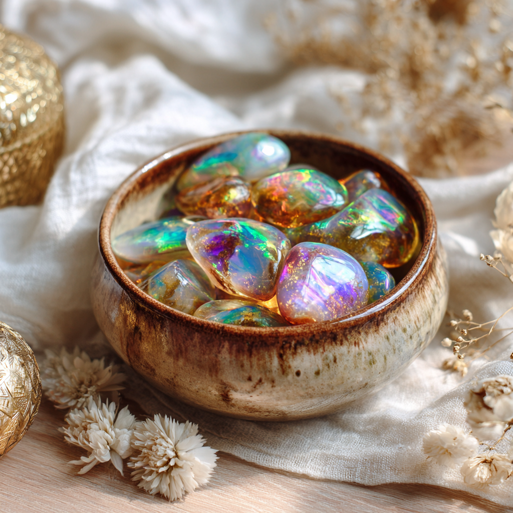 A handcrafted ceramic bowl filled with raw and polished opal stones, displaying vibrant iridescent flashes of rainbow light, placed on a natural wooden table with soft grain texture, styled in a minimalist African boho aesthetic, surrounding elements include white linen cloth, gold accents, and a few delicate white flowers, subtle presence of African-Egyptian sacred geometry etched or embossed into nearby decor, soft natural light streaming in and reflecting off the opals creating a luminous opalescent glow, clean composition with generous white space, serene and elevated atmosphere