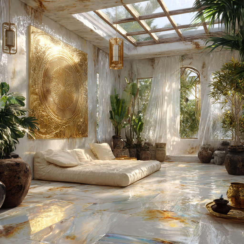 Minimalist African eclectic sun room designed for meditation and expression, opalescent white and soft gold color palette with platinum highlights, large skylight and wall-length windows illuminating the room, central meditation chair or cushion in cream fabric, surrounding African artifacts and sacred objects placed with symmetry, gold and platinum light fixtures with soft ambient glow, indoor plants in earthen vessels grounding the space, translucent curtains creating iridescent light patterns, sacred geometry artwork inspired by African-Egyptian design, peaceful, expansive, high-vibration atmosphere, clean lines, balanced composition, luxury spiritual interior