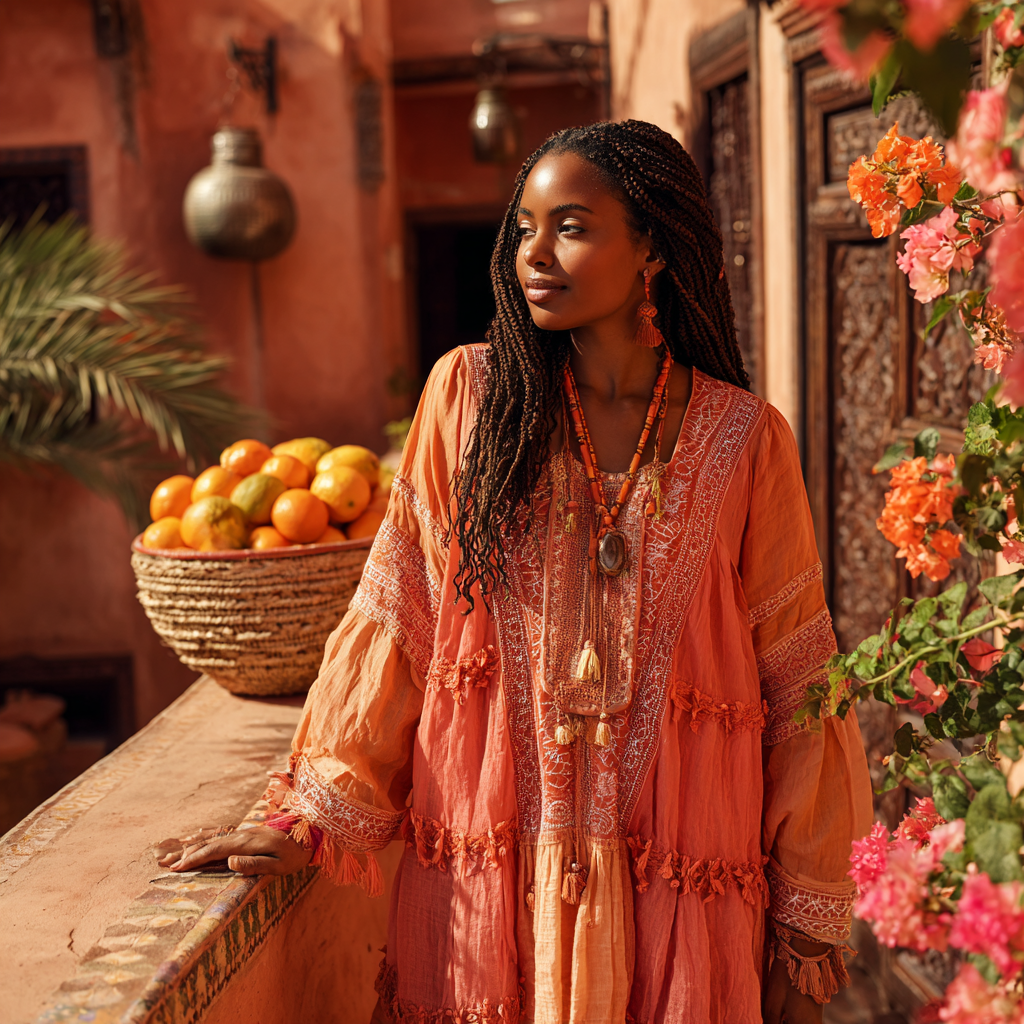 Orange, coral Boho dress