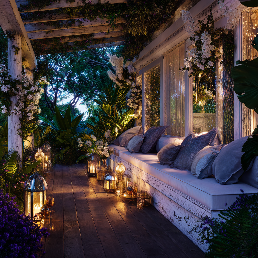 African Scandinavian long covered porch at dusk, pearlescent white surfaces glowing in soft ambient light, silver lanterns and candles casting gentle reflections, soft violet pillows and draped textiles, elegant minimal seating, African geometric wood carvings integrated into structure, lush plants and white flowers softly illuminated, tranquil evening atmosphere, subtle iridescent shimmer in decor, sacred healing space for meditation and reflection, chromotherapy palette of white silver violet, cinematic shadows and highlights