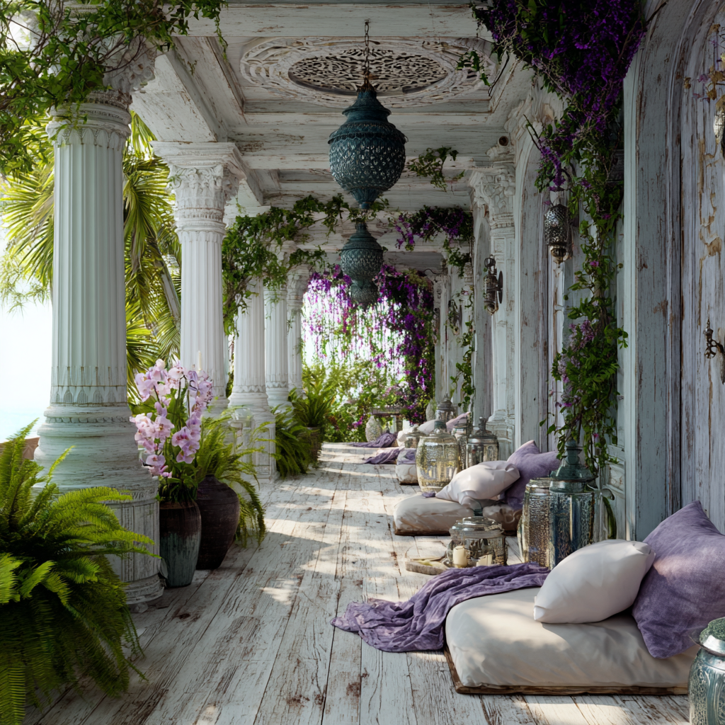 African Scandinavian covered long porch, pearlescent white wood flooring and ceiling, soft diffused natural daylight, minimalist Scandinavian architecture with subtle African carved wooden columns, low-profile seating with ivory linen cushions, soft violet throw blankets, silver metallic lanterns, iridescent decor accents, lush greenery with trailing ivy and ferns, white orchids and pale lavender flowers in clay pots, airy and uncluttered, gentle breeze movement, sacred calm atmosphere, chromotherapy palette of pearlescent white silver soft violet, African sacred geometry subtly carved into wood