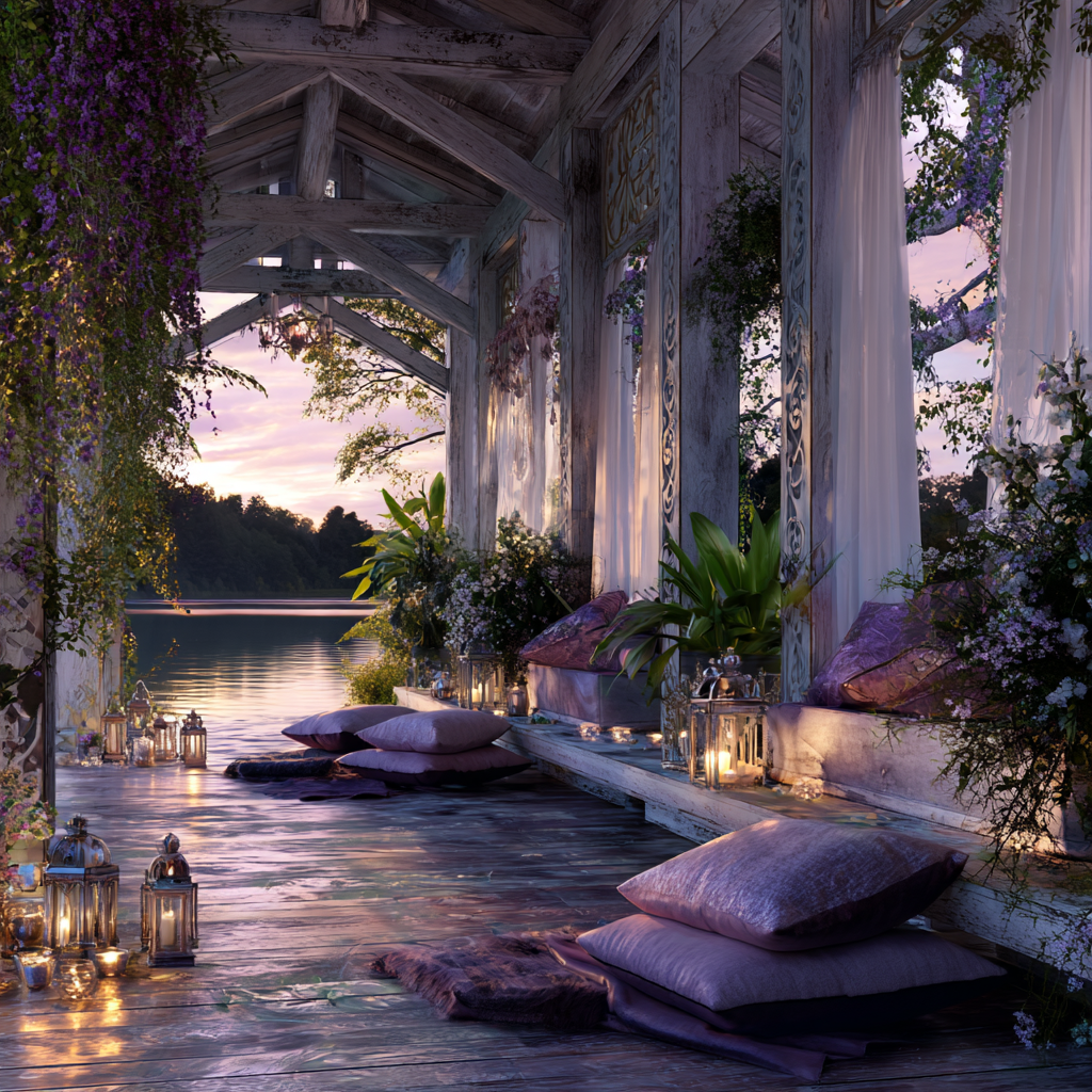 
African Scandinavian long covered porch at dusk, pearlescent white surfaces glowing in soft ambient light, silver lanterns and candles casting gentle reflections, soft violet pillows and draped textiles, elegant minimal seating, African geometric wood carvings integrated into structure, lush plants and white flowers softly illuminated, tranquil evening atmosphere, subtle iridescent shimmer in decor, sacred healing space for meditation and reflection, chromotherapy palette of white silver violet, cinematic shadows and highlights