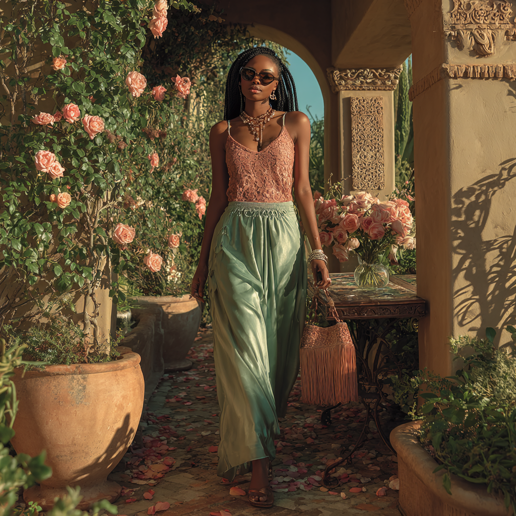 Silk skirt and lace top with a fringe purse and sunglasses