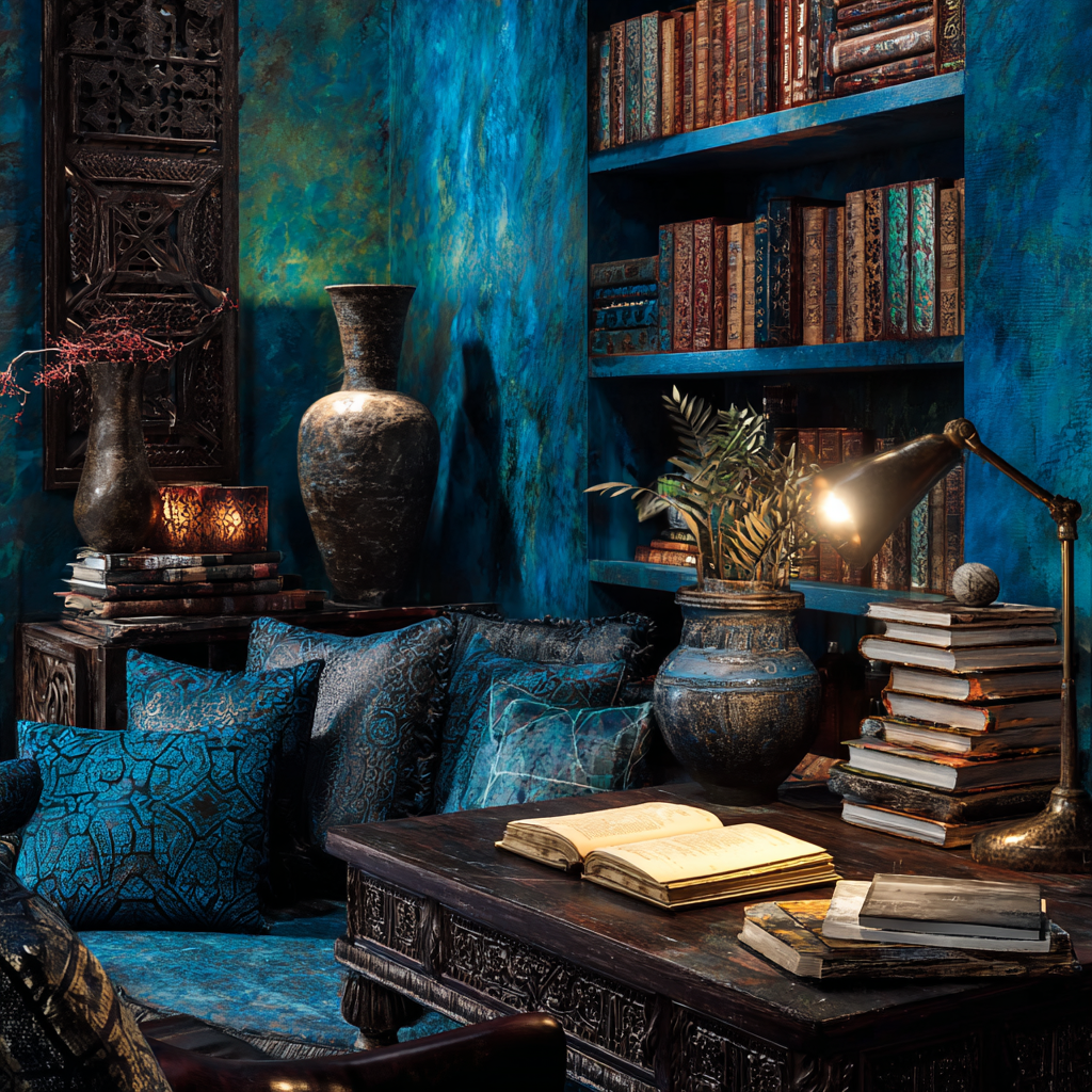 moody African eclectic reading room with deep sapphire walls, turquoise and sky blue accents, dramatic lighting with focused reading lamp illuminating a desk, dark wood furniture with intricate carvings, African art pieces in monochrome blue palette, velvet textures, structured seating, stacked books and manuscripts, throat chakra-inspired sacred symbols subtly integrated, intimate intellectual atmosphere, high contrast lighting with deep shadows
