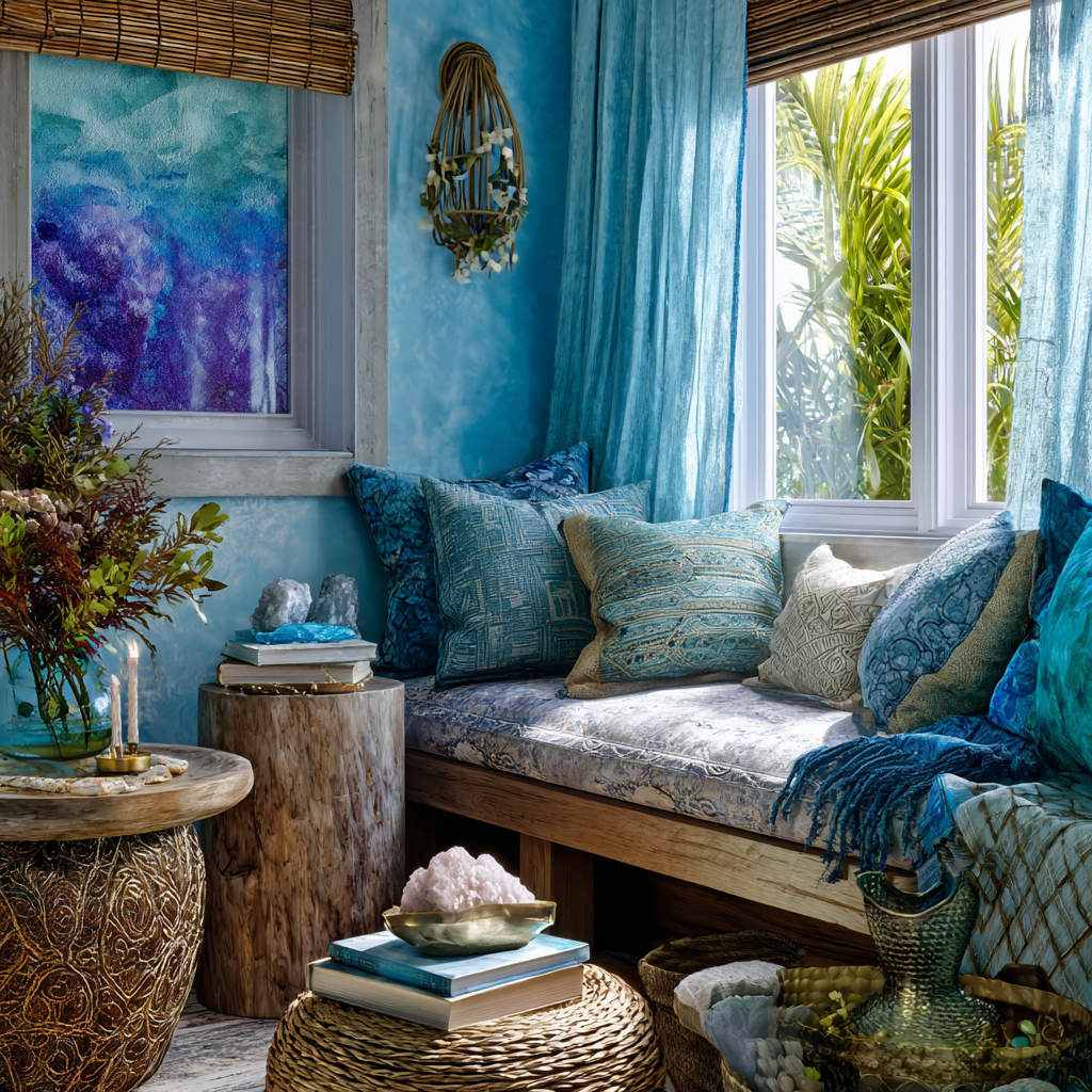 African eclectic coastal-inspired reading room, soft sky blue walls with turquoise accents and sapphire decor elements, light wood furniture, woven baskets, flowing linen curtains, low seating with layered blue-toned pillows, books stacked casually, crystals and journals placed nearby, subtle African sacred geometry patterns in textiles and wall decor, bright natural light filling the space, breezy, calm, expressive energy, minimalist but soulful styling, 