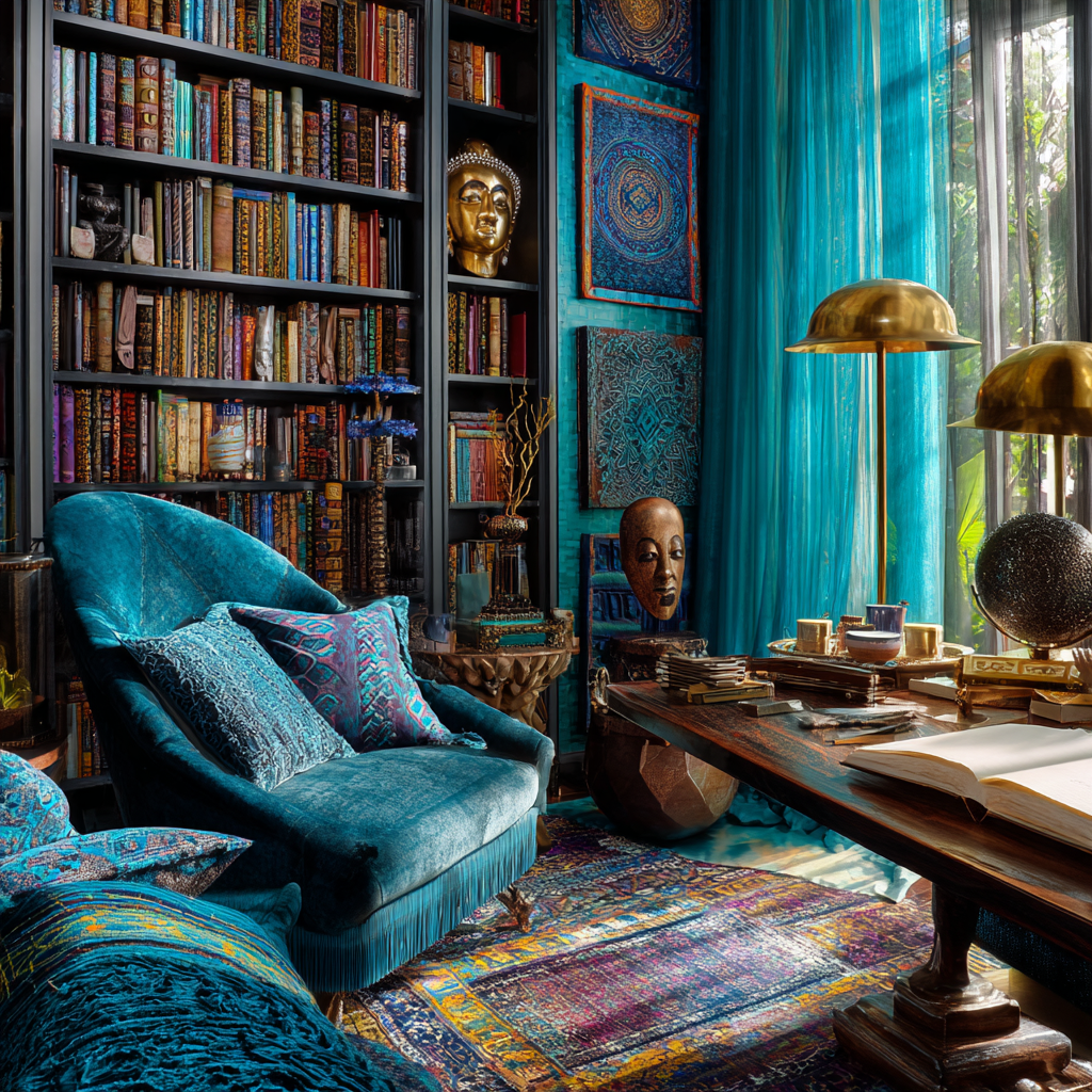 African eclectic reading room in sky blue, turquoise, and deep sapphire tones, floor-to-ceiling bookshelves filled with colorful and neutral-toned books, layered African textiles (indigo mud cloth, turquoise woven fabrics) on seating, plush sapphire velvet armchair, carved wooden bookshelf with tribal detailing, gold-accented reading lamps, open journals and handwritten notes on a wooden table, African masks and symbolic wall art in blue hues, natural light streaming through sheer curtains, warm yet vibrant atmosphere, creative intellectual energy