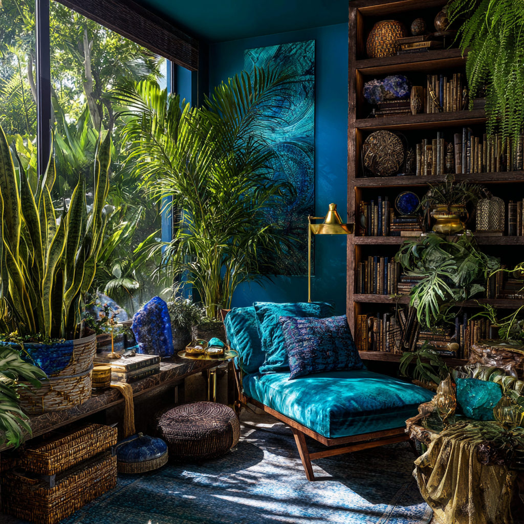 African eclectic reading room infused with lush greenery, designed in sky blue, turquoise, and deep sapphire chromotherapy palette, abundant indoor plants (tall palms, snake plants, trailing pothos, ferns) integrated throughout the space, soft sky blue walls with sapphire accent wall, turquoise textiles layered on a cozy reading chair, carved wooden bookshelves filled with books and journals, woven baskets and natural textures, African mud cloth and indigo patterns, crystals (blue lace agate, lapis lazuli, aquamarine) placed on side tables, gold-accented reading lamp, sunlight streaming through large windows illuminating plants and casting soft shadows, airy yet grounded atmosphere, sacred expression space, modern African boho + eclectic fusion