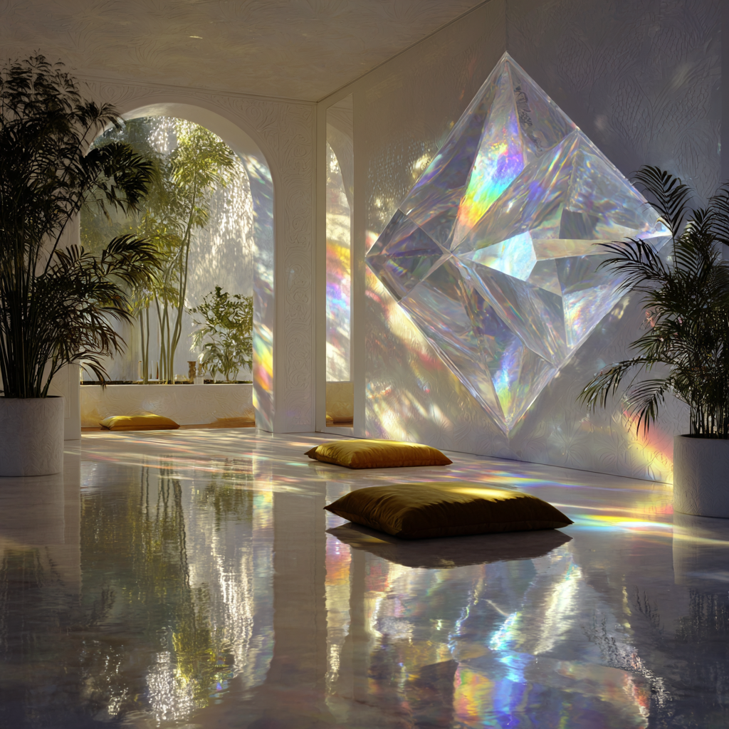 African-inspired sacred meditation room designed with diamond energy, minimalist layout with symmetrical geometry, central crystal or diamond-like installation reflecting light, sheer white fabrics, glass, and polished surfaces, soft glowing iridescent lighting, sacred geometry floor patterns, low meditation seating or cushion, subtle presence of plants for grounding, quiet ethereal atmosphere, light beams refracting into rainbow prisms across the space, high contrast light and shadow, spiritual luxury design